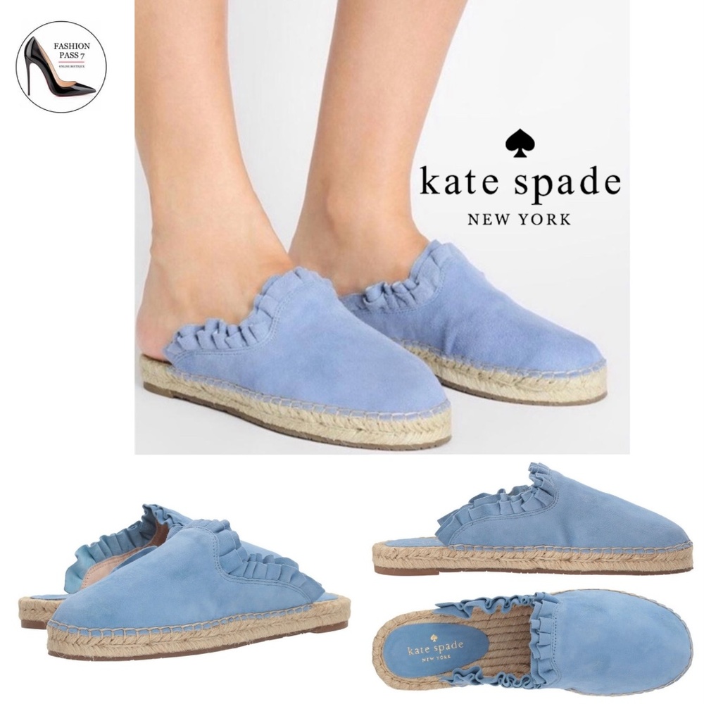 KATE SPADE Laila Blue Suede Ruffle Espadrille Mule Designer Slip‑On Flat Shoes 9